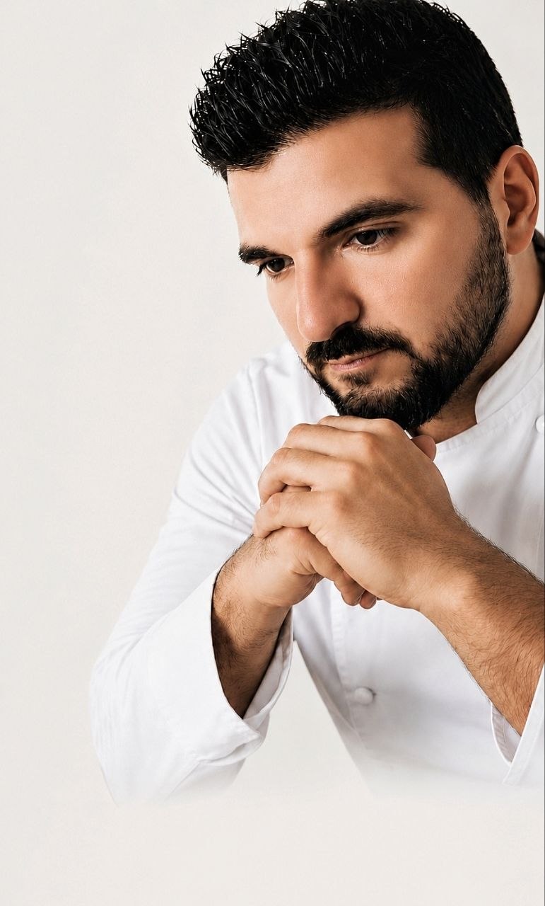 Retrato del chef privado David Alcántara con chaquetilla blanca