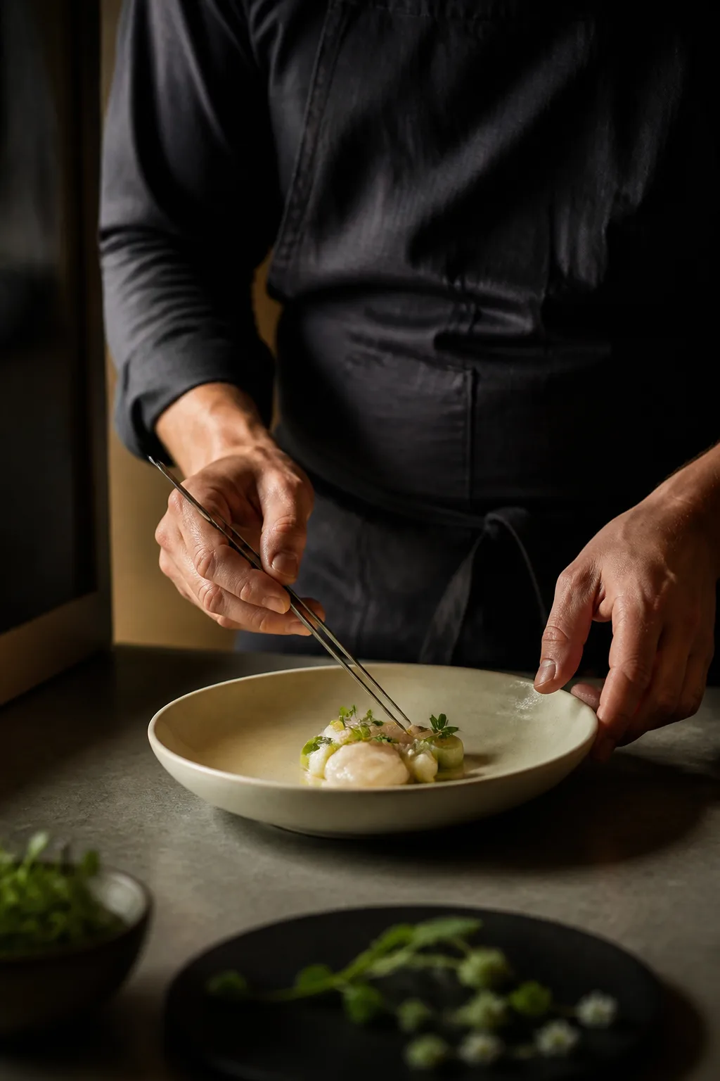 Chef desarrollando y demostrando un nuevo plato para una propuesta gastronómica